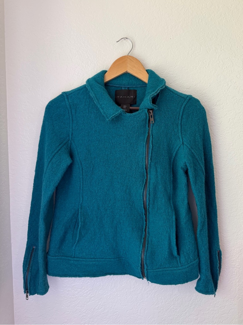 Tahari Teal Asymmetrical Zip Wool Blend Moto Jacket Size Small